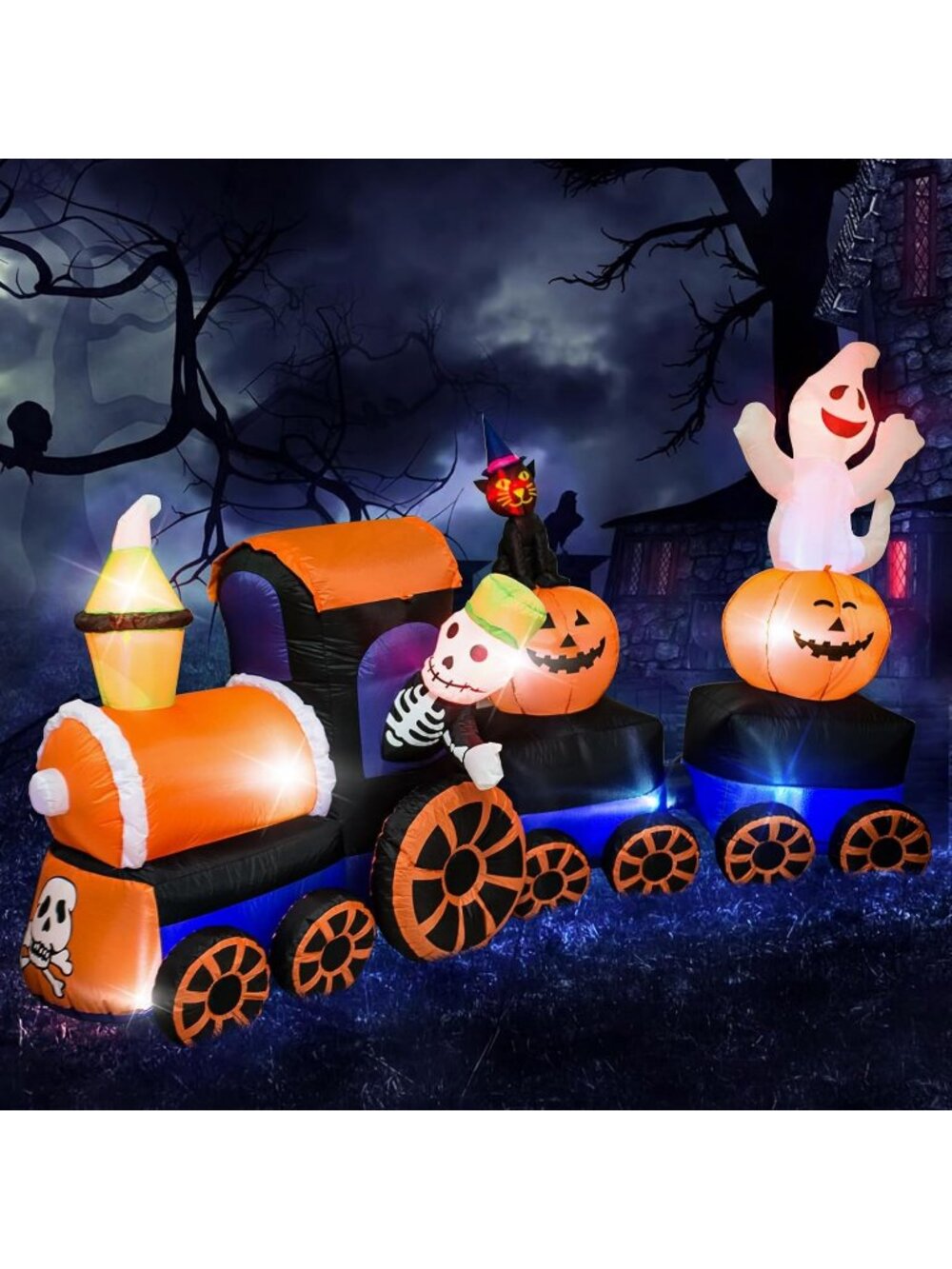 🎃 9 Feet Long Halloween Skeleton Ride Train Kittens White Ghosts and Pumpkin